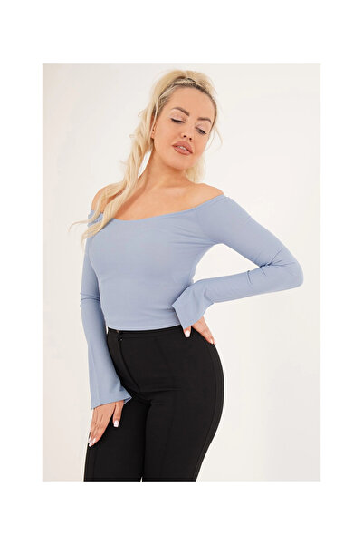 Cotton Mood 23254221 Ribbed Knit Madonna Ankle Slit Uz. Sleeve Blouse Blue