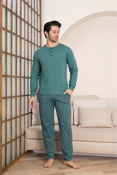 bie's Πράσινο Eco Se Pattern με 3 κουμπιά γιακά ποδηλάτου & μανσέτα καρπού Modal μακρυμάνικο κοστούμι πιτζάμα