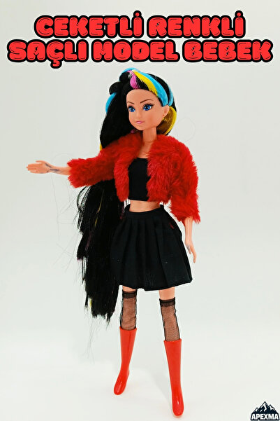 Apexma Oyuncak Ceketli Çizmeli Renkli Saçlı Model Bebek 29 Cm - Hareketli Ekl...