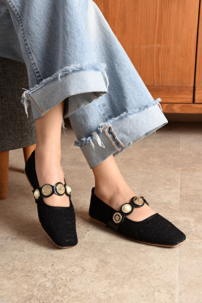 topukludünyası حذاء راقصة باليه نسائي ملون من قماش التويد بلون مسطح عند الأصابع