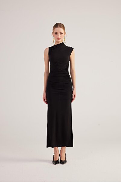 HOLLY LOLLY Büzgü detaylı Yırtmaçlı Uzun Lily Elbise Siyah