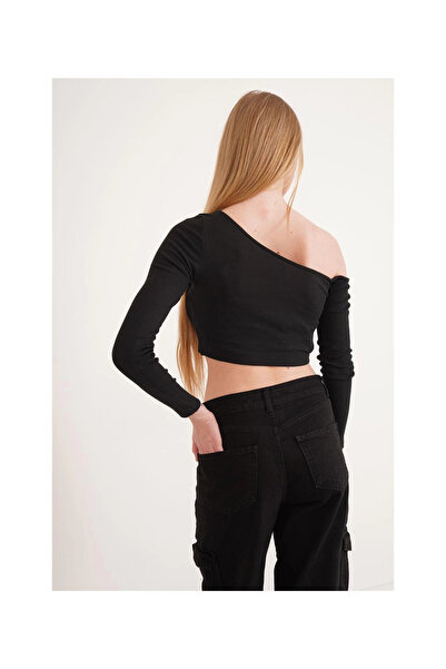 Cotton Mood 23254281 Ribbed Knit One Shoulder Low-Cut Long Sleeve Blouse Black