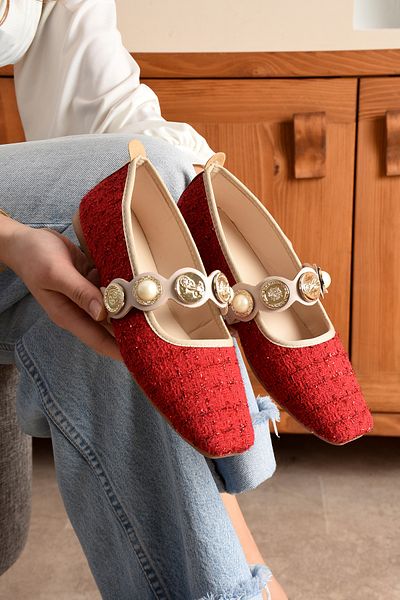 topukludünyası Colorful Tweed Fabric Blunt Toe Women's Ballerina Shoes