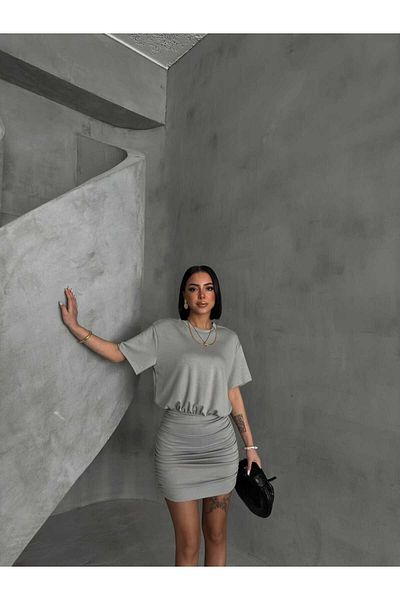 aytenli Crew Neck Short Sleeve Top Loose Bottom Side Shirring Tight Mini Length Modal Dress