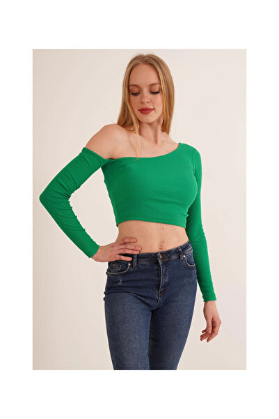 Cotton Mood 23254281 Ribbed Knit One-Shoulder Long Sleeve Blouse Green