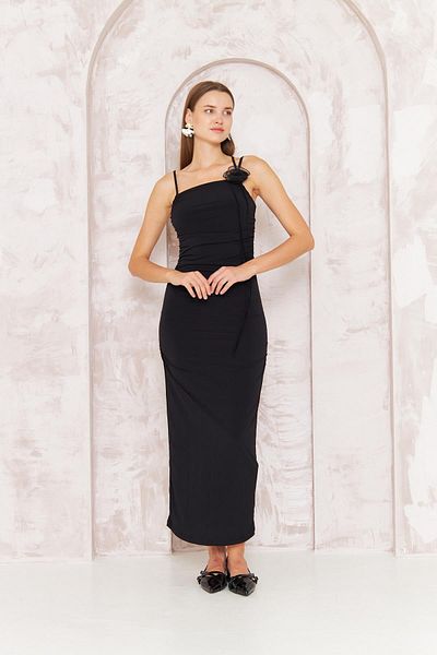Darlin Moda Women's Black Rose Detailed Bodycon Strap Midi Dress Dm1053