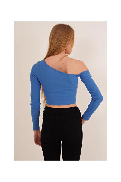 Cotton Mood 23254281 Ribbed Knit One-Shoulder Long Sleeve Blouse Blue