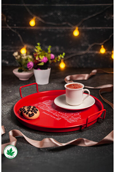 linmetal 24cm Metal Kulplu Tepsi (Kaktüs Baskılı) Kırmızı