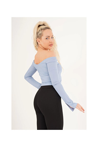 Cotton Mood 23254221 Ribbed Knit Madonna Ankle Slit Uz. Sleeve Blouse Blue