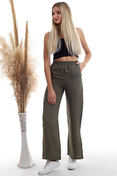 Cotton Mood 20333459 Linen Stripe Patterned Pocket Trousers Khaki