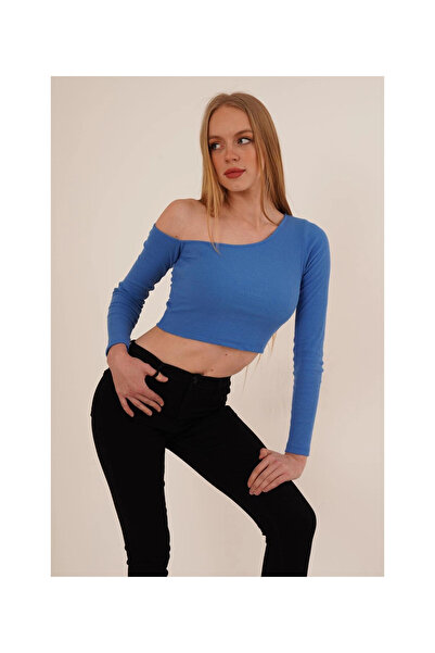 Cotton Mood 23254281 Ribbed Knit One-Shoulder Long Sleeve Blouse Blue