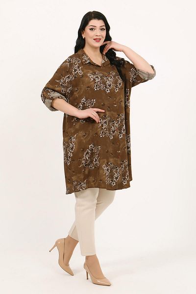 By Alba Collection Women's Tan Patterned Cotton Viscose Large Size Tunic