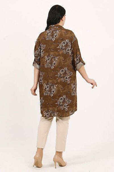 By Alba Collection Women's Tan Patterned Cotton Viscose Large Size Tunic
