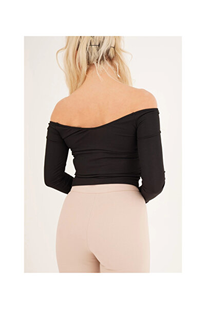 Cotton Mood 23254221 Ribbed Knit Madonna Ankle Slit Uz. Sleeve Blouse Black