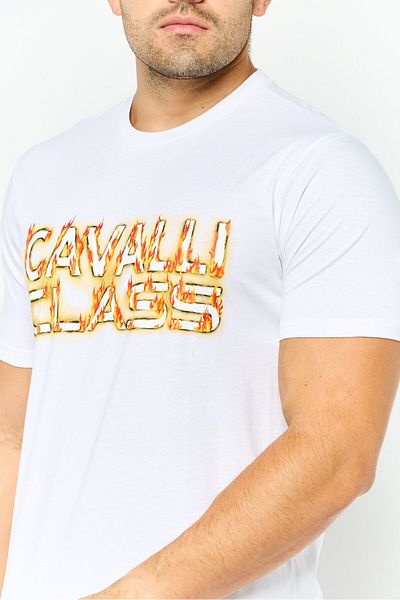 Cavalli Class Men Round Neck Short Sleeve Graphic Print T-shirt, White