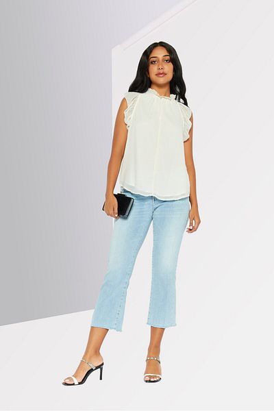 Michael Kors Women Petite Ruffle Collar Flutter Sleeve Textured Top, Ivory