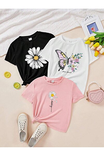 GLOWES Παιδικό Unisex 3 Pack μπλουζάκι με στάμπα με μαργαρίτες και πεταλούδα