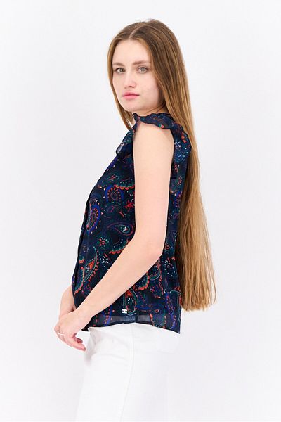 Tommy Hilfiger Women Round Neck Ruffle Sleeves Paisely Print Blouse, Multicolor