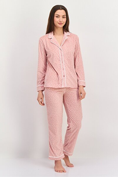 Anne Klein Women 2 Pieces Long Sleeve Polka Dots Top And Pajama Set, Dusty Pink