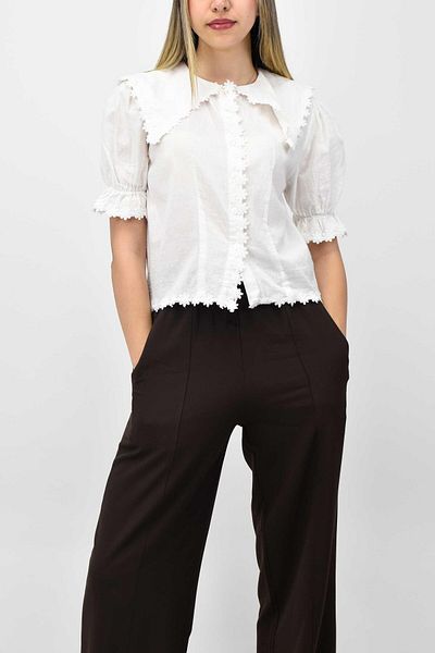 birizmoda Short Sleeve Daisy Lace Linen Shirt - Ecru