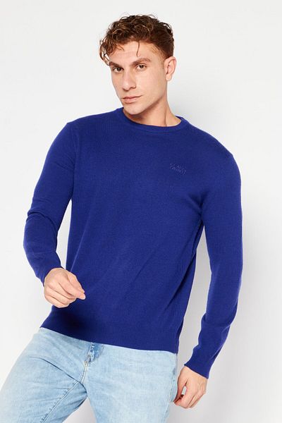 Cavalli Class Men Crew Neck Long Sleeve Brand Logo Sweater, Blue