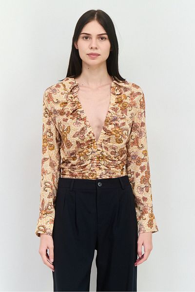 Free People Women Plunging Neckline Long Sleeve Floral Print Blouse, Brown