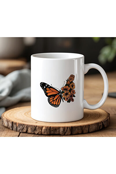 BB TRADE White Ceramic Printed Mug Cup with Orange Black Butterfly Design 330ml