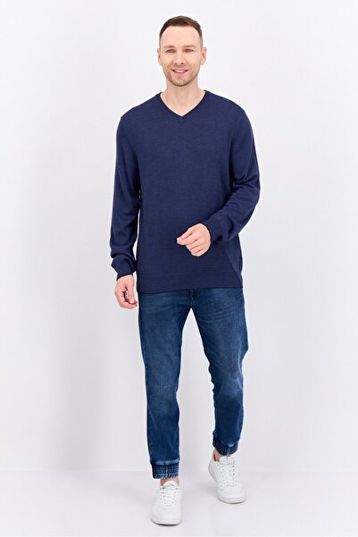 Perry Ellis Men V Neck Textured Long Sleeves Sweatshirt, Navy