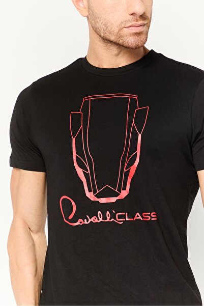 Cavalli Class Men Round Neck Short Sleeve Graphic Print T-Shirt, Black