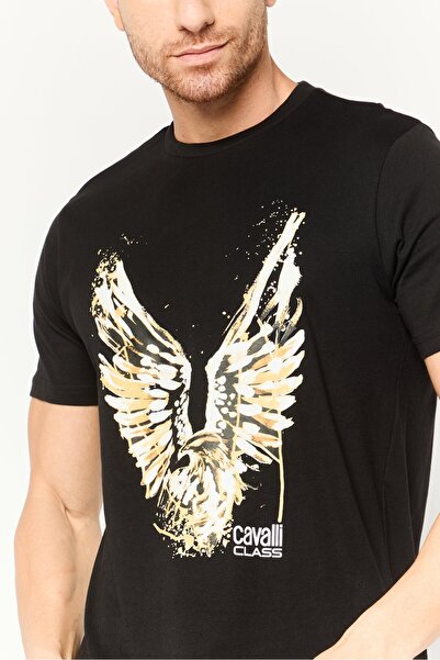 Cavalli Class Men Round Neck Short Sleeve Graphic Print T Shirt, Black Combo