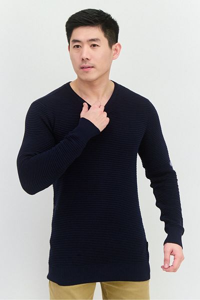 French Connection Men Crew Neck Long Sleeve Textured Sweaters, Navy Blue