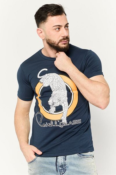 Cavalli Class Men Round Neck Short Sleeve Graphic Print T-shirt, Navy Combo