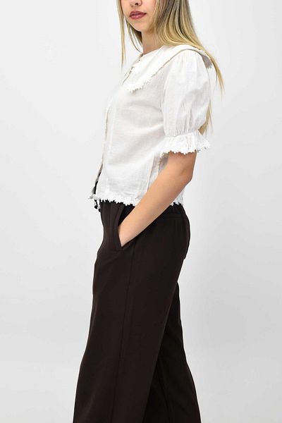 birizmoda Short Sleeve Daisy Lace Linen Shirt - Ecru