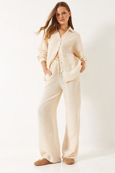 Bianco Lucci Damen-Oversize-Shirt mit Taschen, Palazzo-Gold-Musselin-Unter- und Oberteil-Set 80152 60271078
