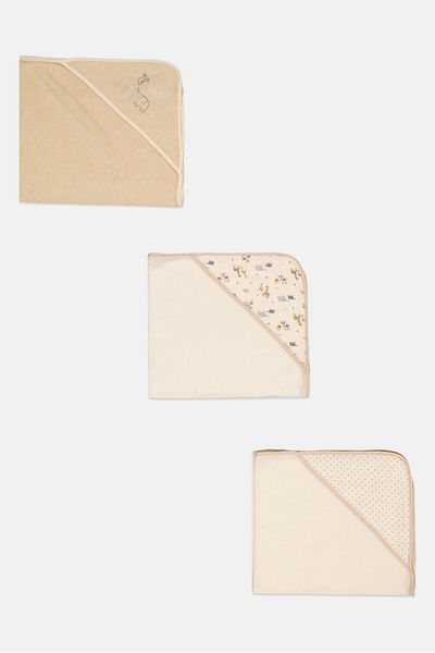 RENE ROFE Toddlers Boy 3 Pieces Embroidered Hooded Towels 56 X 63 Cm, Tan/cream Combo
