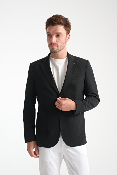 Frappoli Lucos Erkek Siyah Yarım Astar Torba Cep Likralı Gofre Kumaşlı Spor Blazer Ceket