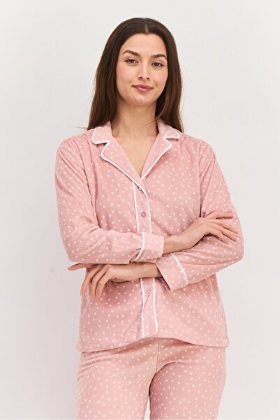 Anne Klein Women 2 Pieces Long Sleeve Polka Dots Top And Pajama Set, Dusty Pink