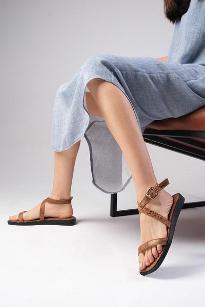 Mio Gusto Arely Tan Color Snake Patterned Women's Flat Sandals