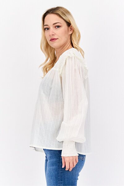 Pepe Jeans Women V-Neck Long Sleeves Textured Blouse, Off White