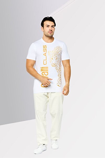 Cavalli Class Men Round Neck Short Sleeve Graphic Print T-Shirt, White