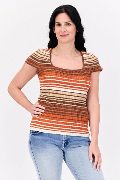 Jessica Simpson Women Square Neck Short Sleeve Stripe Top, Brown Combo