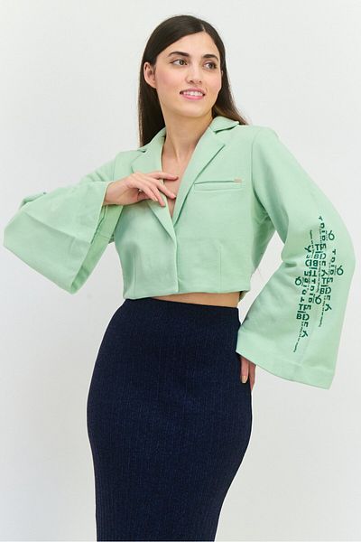Tribe of 6 Women Regular Fit Textured Semi Formal Blazer, Green