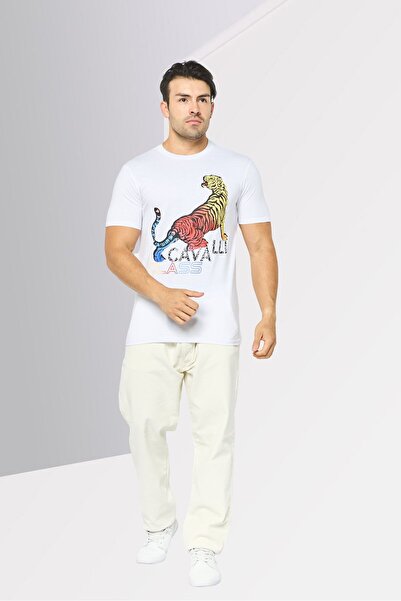 Cavalli Class Men Round Neck Short Sleeve Graphic Print T-Shirt, White Combo