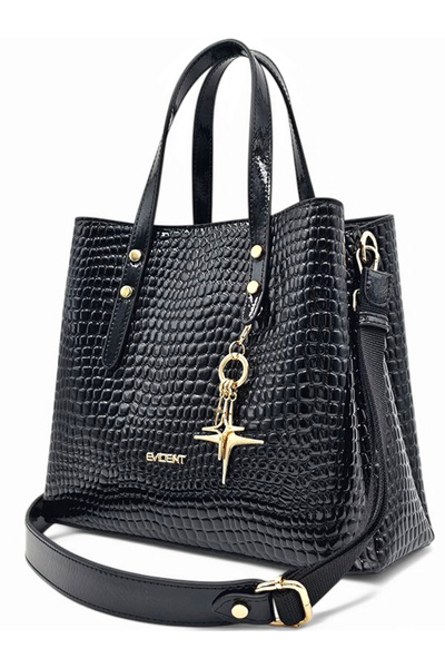 Evident Siyah Rugan Damla Desenli Çıkarılabilir Aksesuarlı Ayarlanabilir Özel Çapraz Askılı Kadın El Çantası