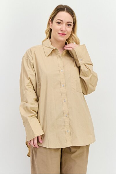 NIA Women Spread Collar Long Sleeve Plain Shirt, Beige