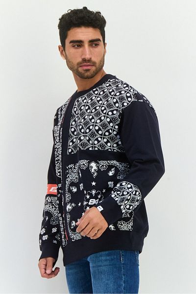 Gas Jeans Men Crew Neck All Over Printed Long Sleeve Sweatshirt, Navy