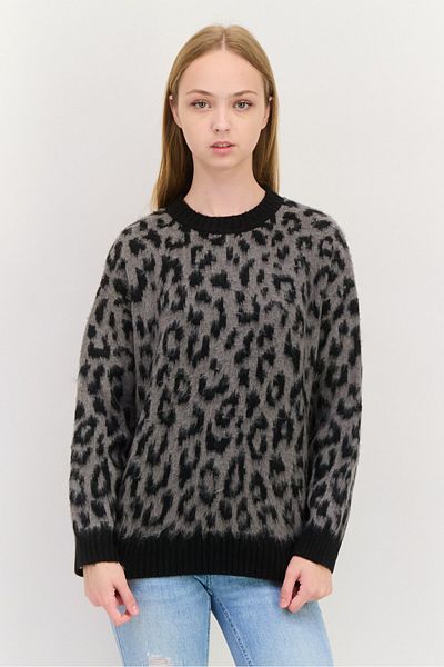 Pepe Jeans Women Crew Neck Long Sleeve Allover Print Sweater, Grey/black