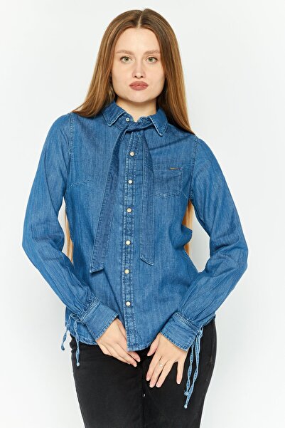 Pepe Jeans Women Spread Collar Long Sleeve Shirt, Blue
