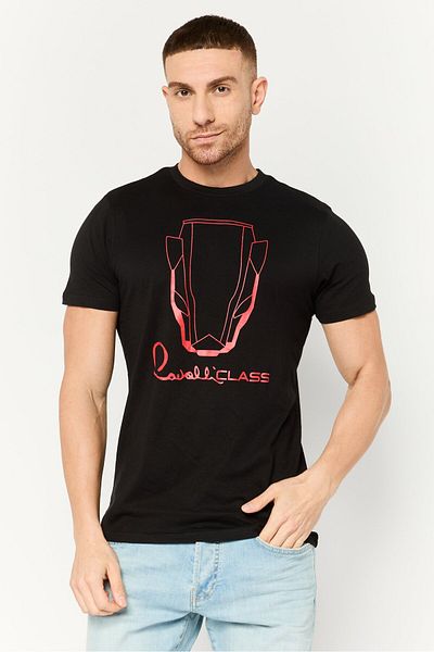 Cavalli Class Men Round Neck Short Sleeve Graphic Print T-shirt, Black