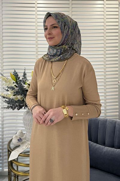 Rabia Şamlı Μπεζ πλεκτό φόρεμα Isra